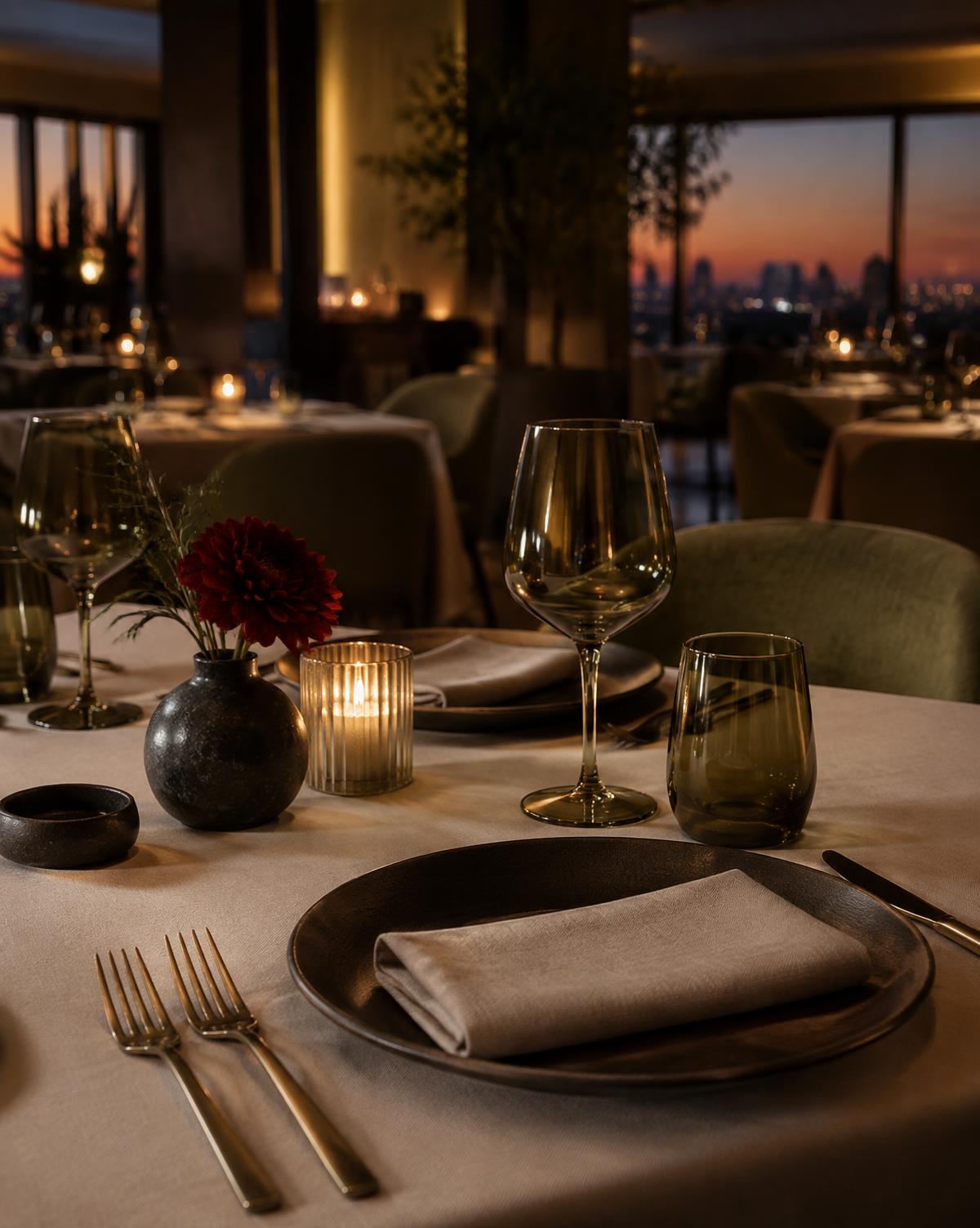 Candlelit table setting at Zayqa Lounge
